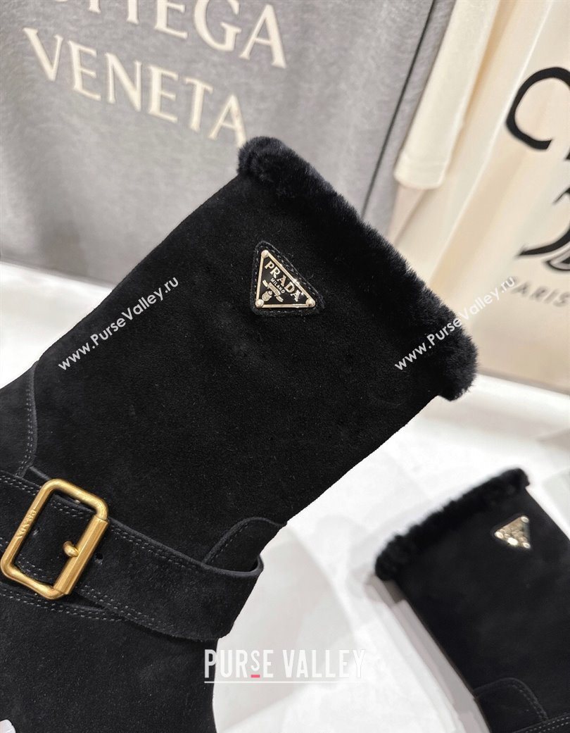 Prada Suede and Shearling Booties with Buckle Black 2025 1U187O (MD-251206033)