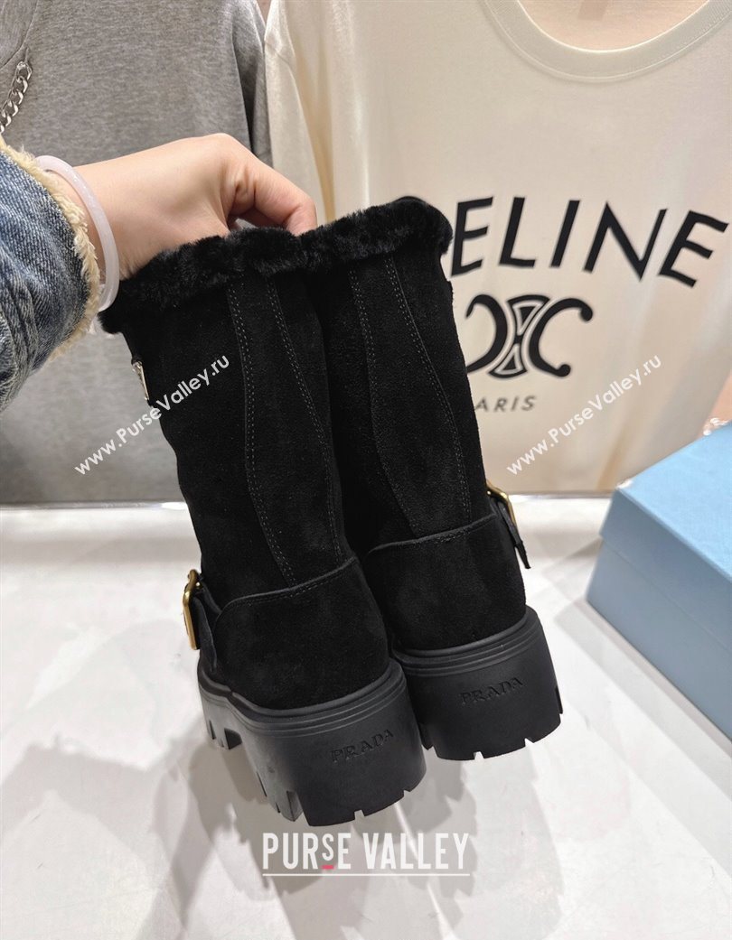 Prada Suede and Shearling Booties with Buckle Black 2025 1U187O (MD-251206033)