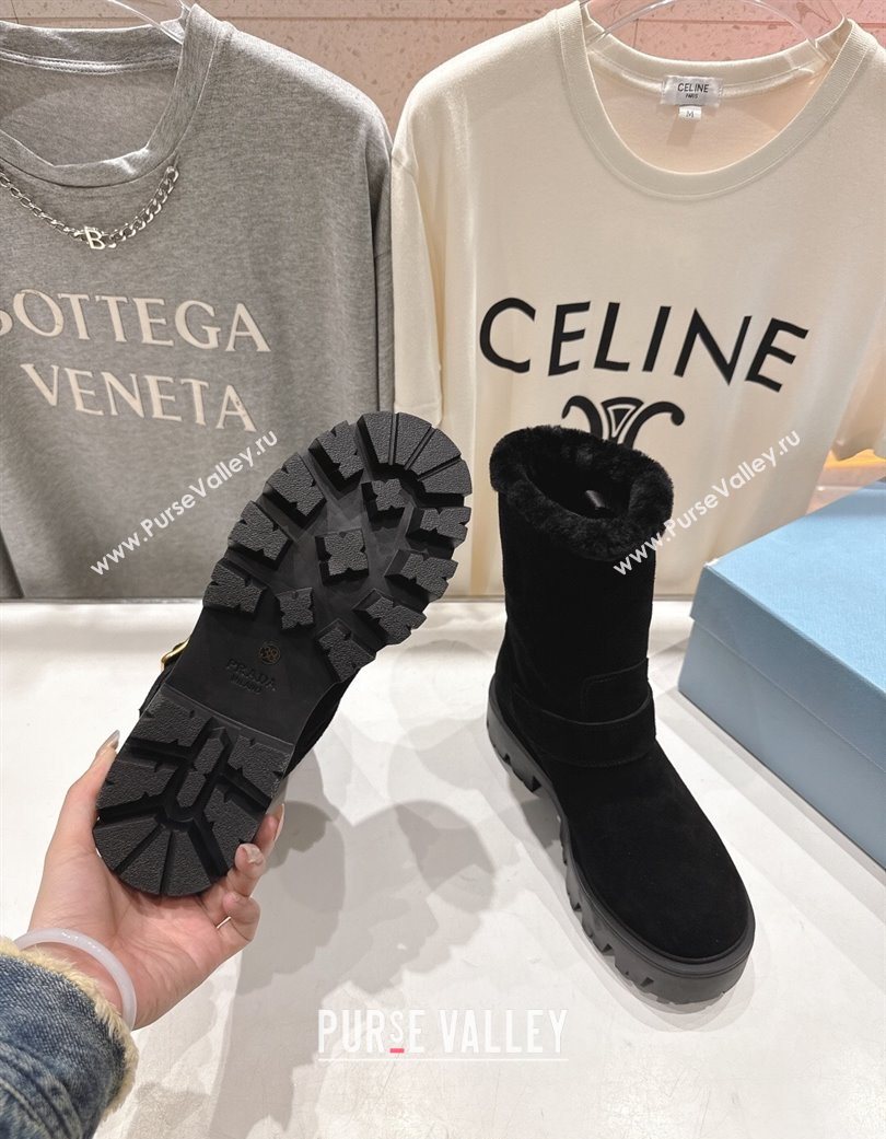 Prada Suede and Shearling Booties with Buckle Black 2025 1U187O (MD-251206033)