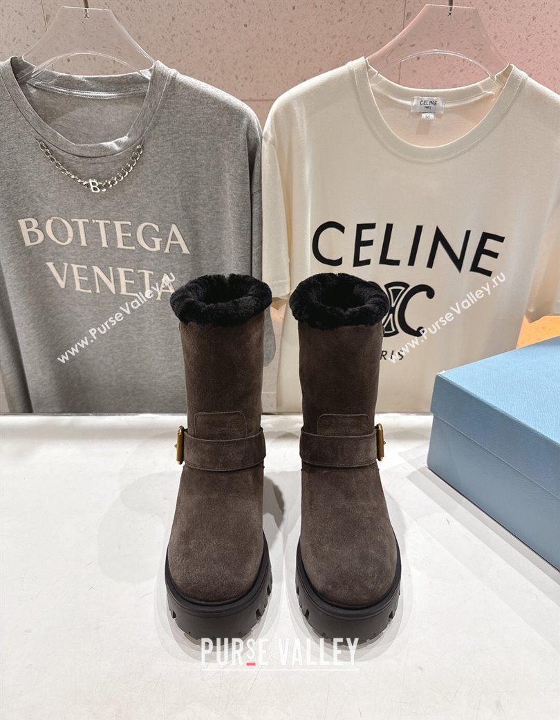 Prada Suede and Shearling Booties with Buckle Brown 2025 1U187O (MD-251206034)