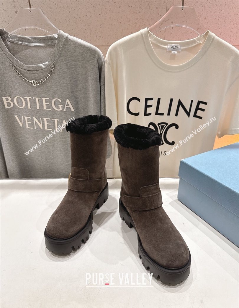 Prada Suede and Shearling Booties with Buckle Brown 2025 1U187O (MD-251206034)