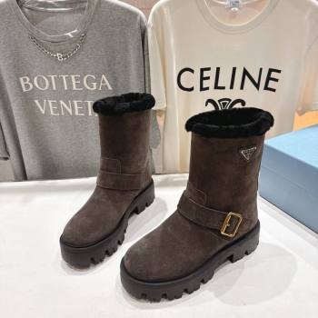 Prada Suede and Shearling Booties with Buckle Brown 2025 1U187O (MD-251206034)