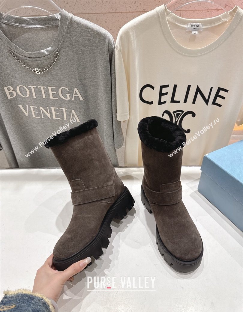 Prada Suede and Shearling Booties with Buckle Brown 2025 1U187O (MD-251206034)