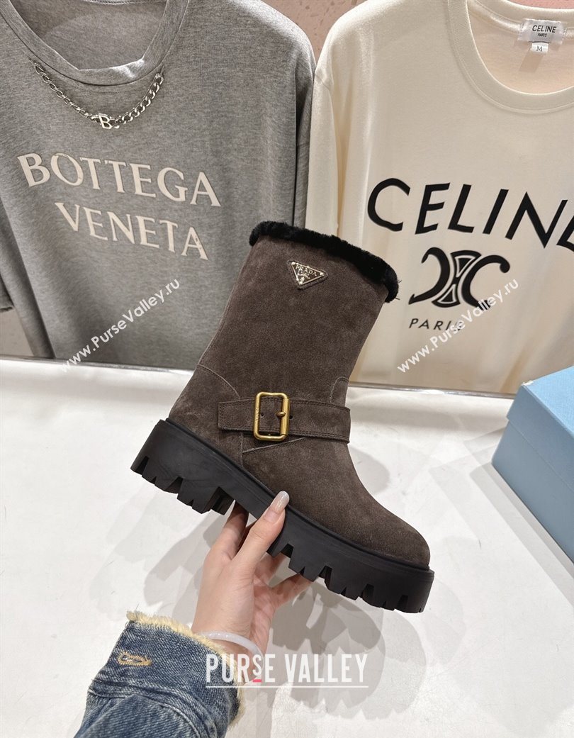 Prada Suede and Shearling Booties with Buckle Brown 2025 1U187O (MD-251206034)