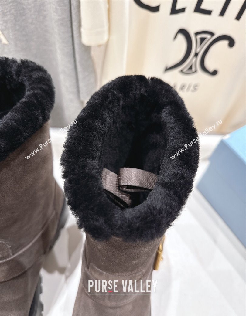 Prada Suede and Shearling Booties with Buckle Brown 2025 1U187O (MD-251206034)