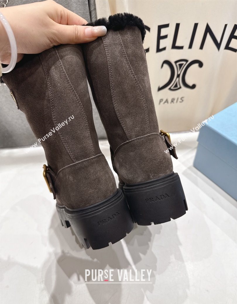 Prada Suede and Shearling Booties with Buckle Brown 2025 1U187O (MD-251206034)