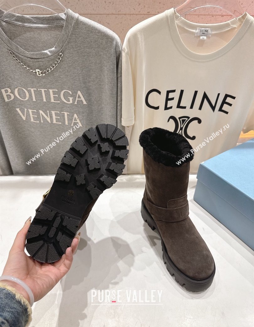 Prada Suede and Shearling Booties with Buckle Brown 2025 1U187O (MD-251206034)