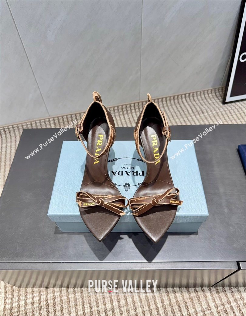Prada Leather Bow Heel Sandals 8.5cm Brown 2025 1X196O (MD-251205001)