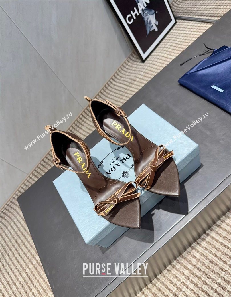 Prada Leather Bow Heel Sandals 8.5cm Brown 2025 1X196O (MD-251205001)