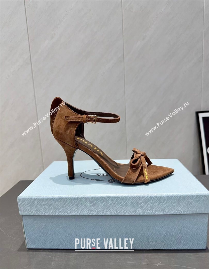 Prada Suede Bow Heel Sandals 8.5cm Brown 2025 1X196O (MD-251205004)