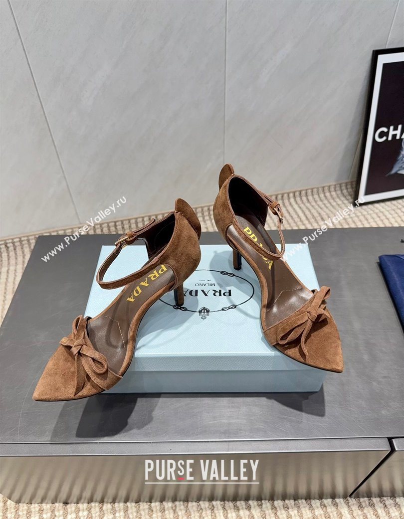 Prada Suede Bow Heel Sandals 8.5cm Brown 2025 1X196O (MD-251205004)