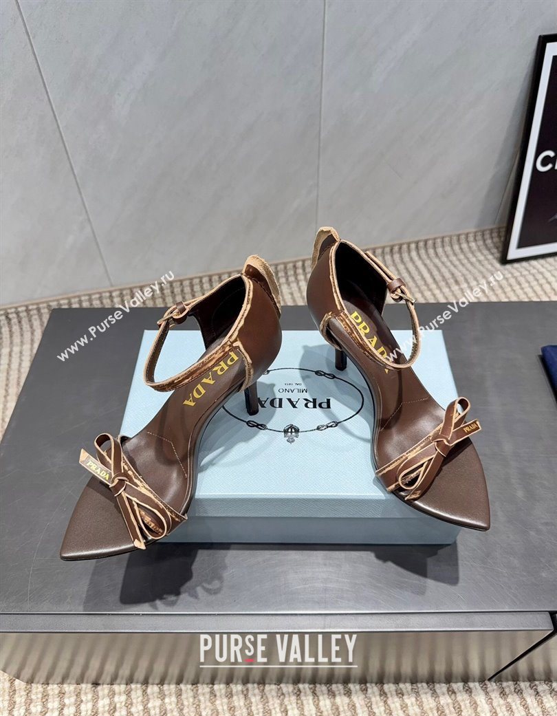 Prada Leather Bow Heel Sandals 8.5cm Brown 2025 1X196O (MD-251205001)