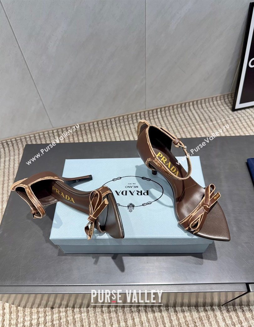 Prada Leather Bow Heel Sandals 8.5cm Brown 2025 1X196O (MD-251205001)