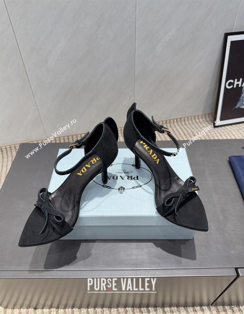 Prada Suede Bow Heel Sandals 8.5cm Black 2025 1X196O (MD-251205006)