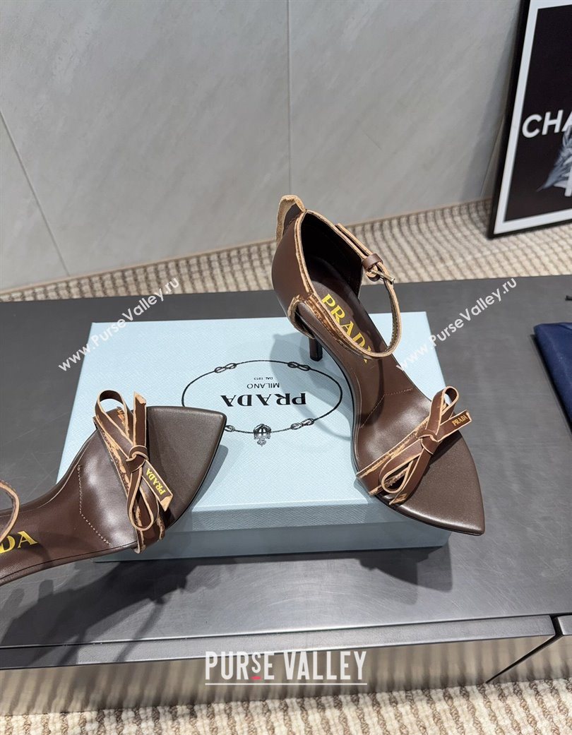 Prada Leather Bow Heel Sandals 8.5cm Brown 2025 1X196O (MD-251205001)