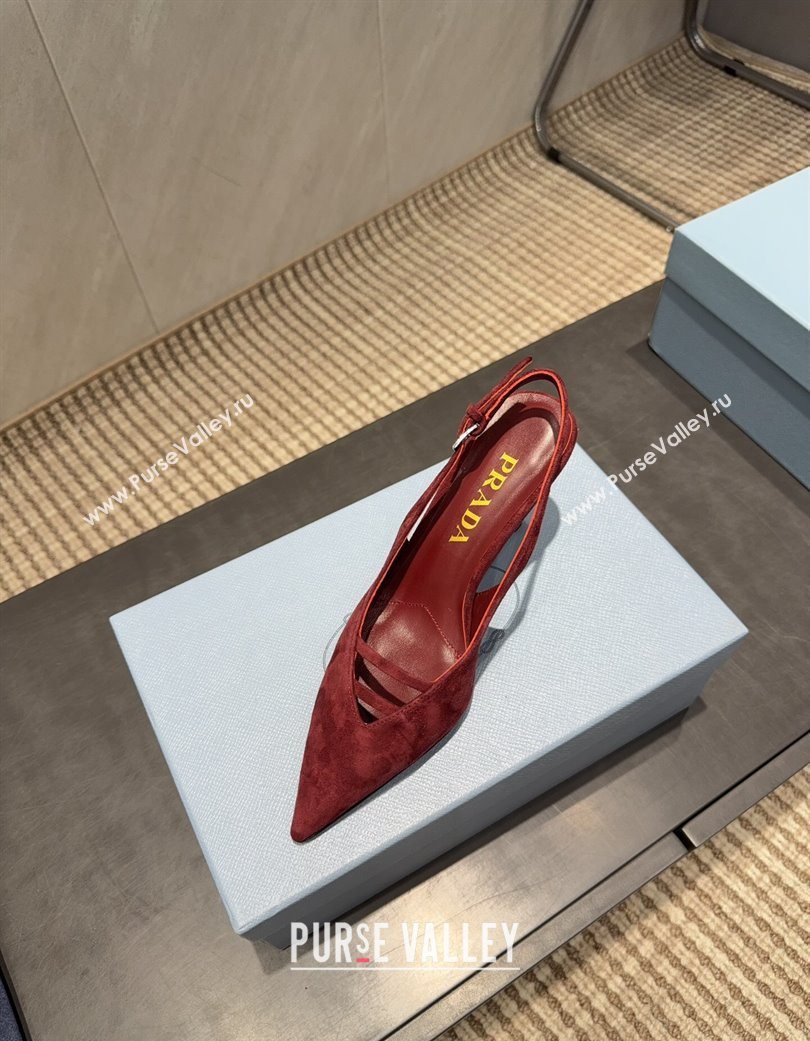 Prada Suede Heel Slingbacks Pump 7.5cm Red 2025 PR120601 (MD-251206002)