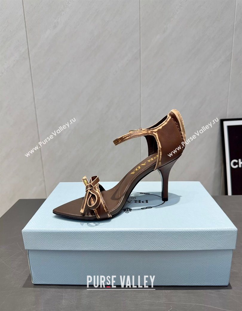 Prada Leather Bow Heel Sandals 8.5cm Brown 2025 1X196O (MD-251205001)
