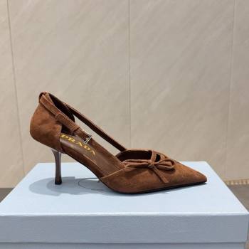 Prada Suede Heel Pumps 7.5cm with Bow Buckle Brown 2025 PR120602 (MD-251206008)