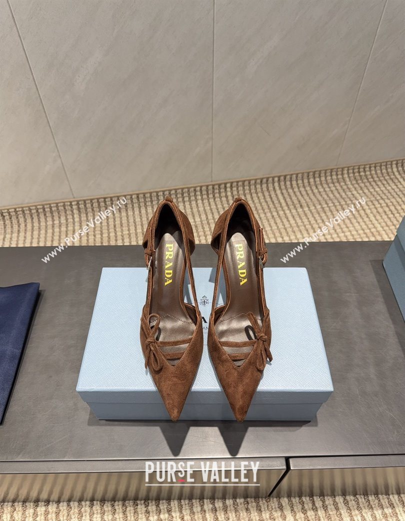 Prada Suede Heel Pumps 7.5cm with Bow Buckle Brown 2025 PR120602 (MD-251206008)