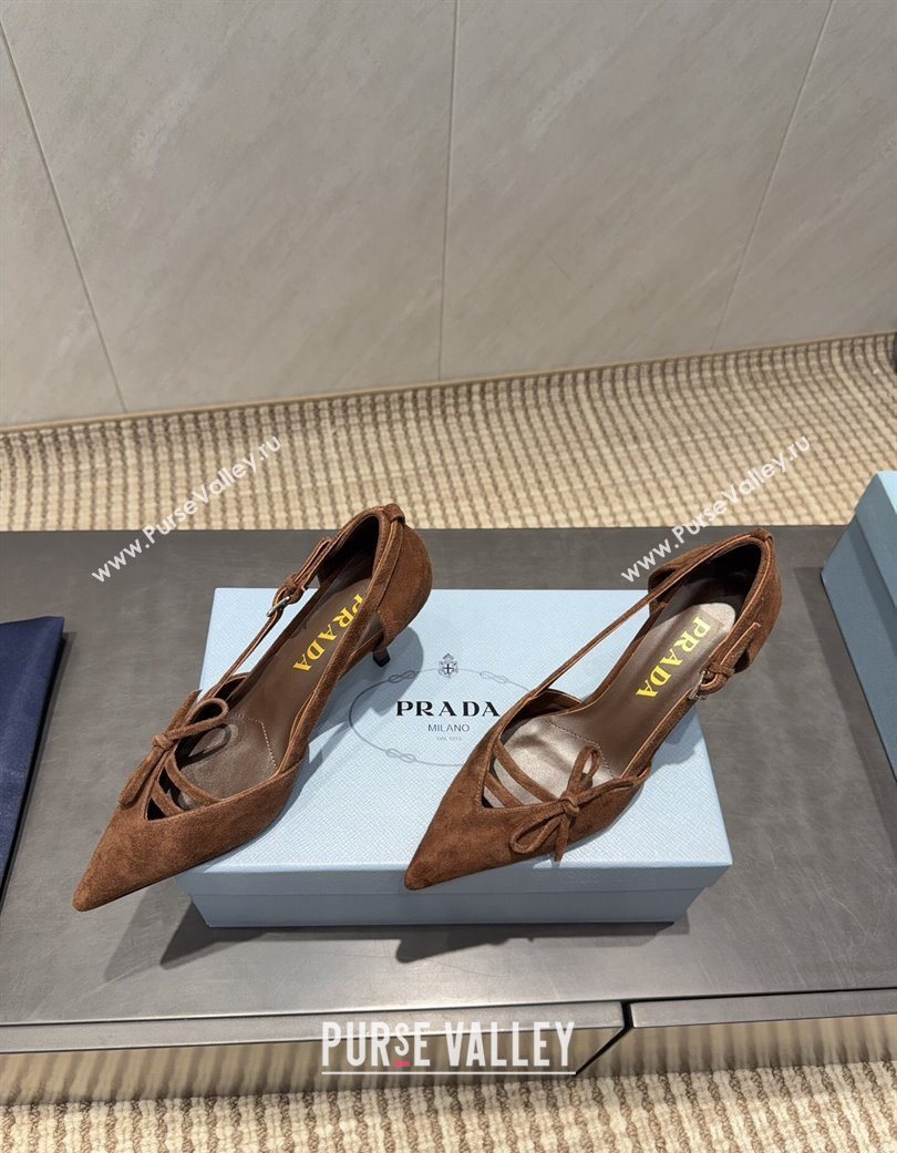 Prada Suede Heel Pumps 7.5cm with Bow Buckle Brown 2025 PR120602 (MD-251206008)