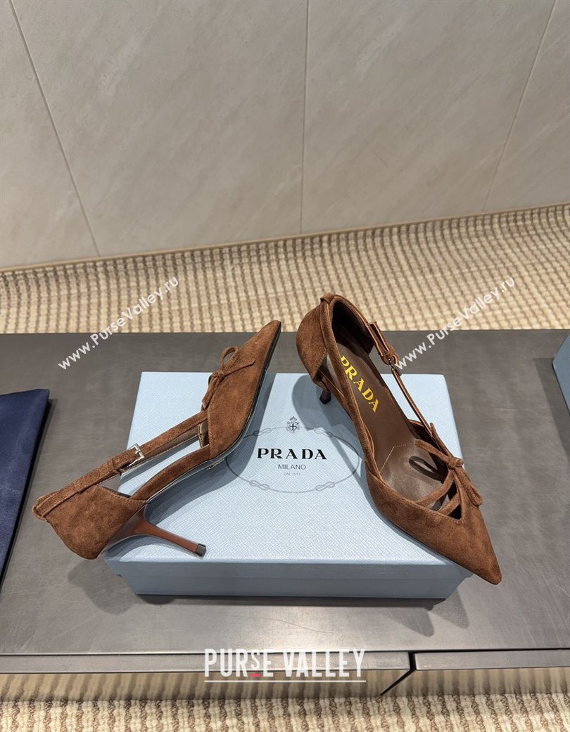 Prada Suede Heel Pumps 7.5cm with Bow Buckle Brown 2025 PR120602 (MD-251206008)