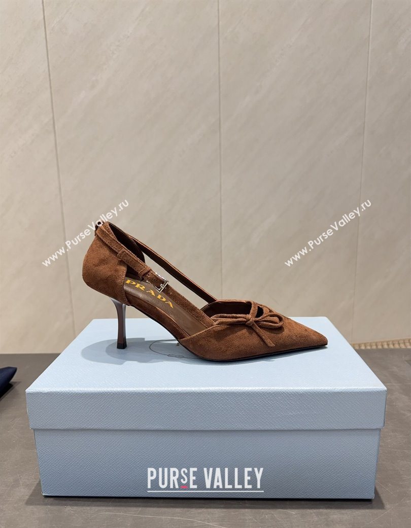 Prada Suede Heel Pumps 7.5cm with Bow Buckle Brown 2025 PR120602 (MD-251206008)