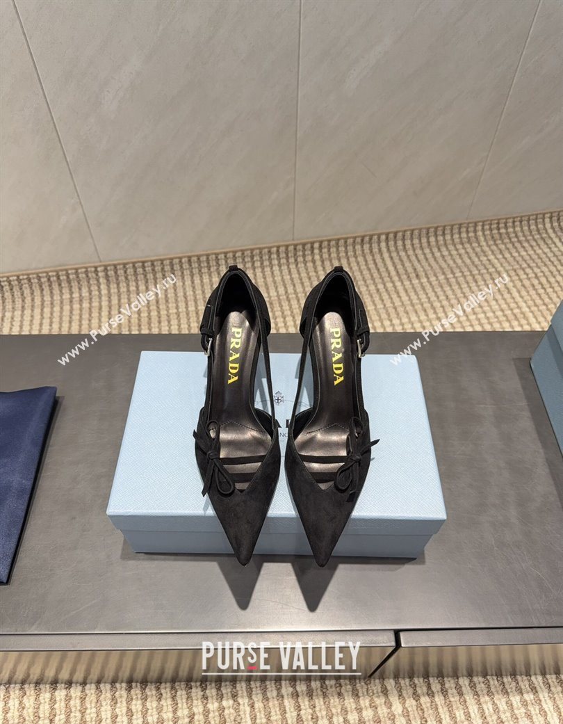 Prada Suede Heel Pumps 7.5cm with Bow Buckle Black 2025 PR120602 (MD-251206010)