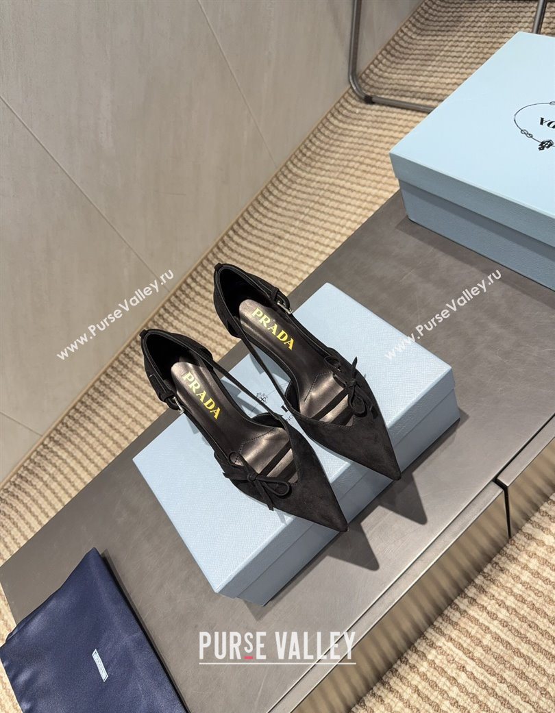 Prada Suede Heel Pumps 7.5cm with Bow Buckle Black 2025 PR120602 (MD-251206010)