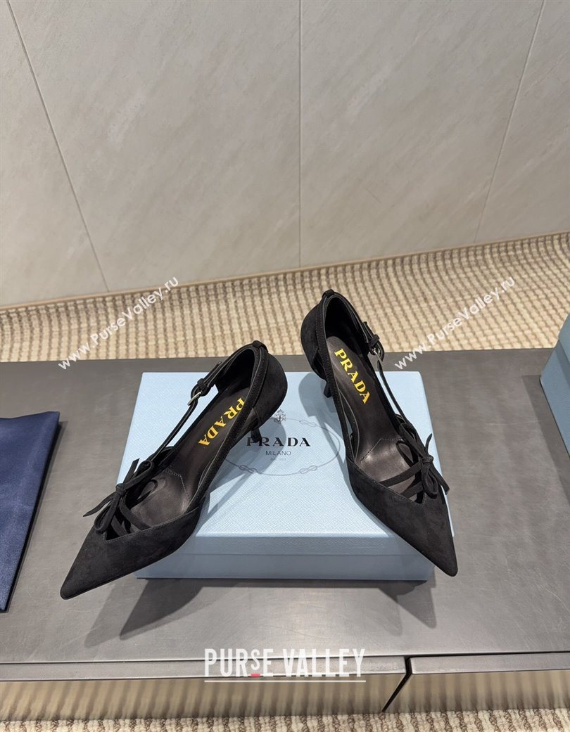 Prada Suede Heel Pumps 7.5cm with Bow Buckle Black 2025 PR120602 (MD-251206010)