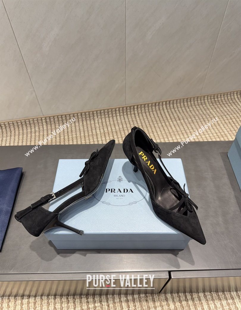 Prada Suede Heel Pumps 7.5cm with Bow Buckle Black 2025 PR120602 (MD-251206010)