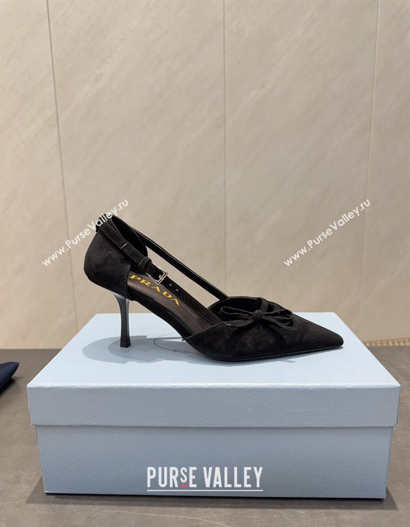 Prada Suede Heel Pumps 7.5cm with Bow Buckle Black 2025 PR120602 (MD-251206010)