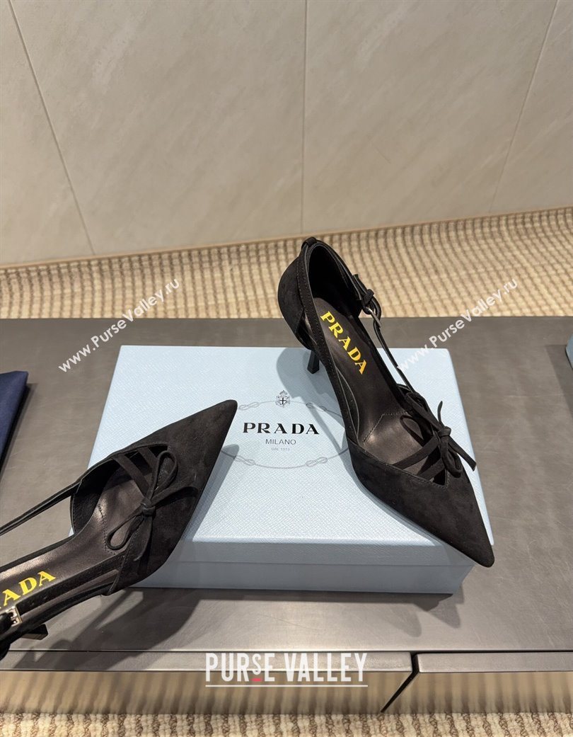 Prada Suede Heel Pumps 7.5cm with Bow Buckle Black 2025 PR120602 (MD-251206010)