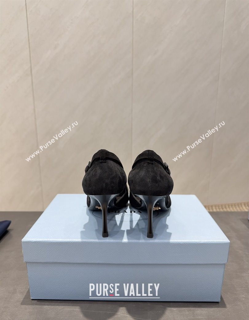 Prada Suede Heel Pumps 7.5cm with Bow Buckle Black 2025 PR120602 (MD-251206010)