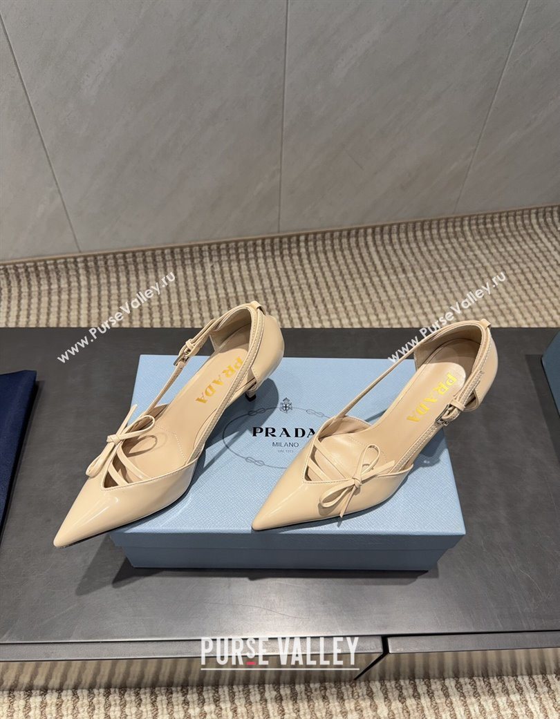 Prada Patent Leather Heel Pumps 7.5cm with Bow Buckle Beige 2025 PR120602 (MD-251206012)
