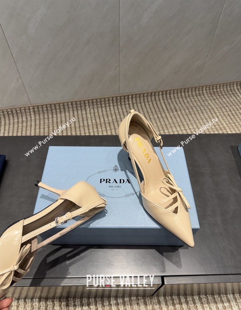 Prada Patent Leather Heel Pumps 7.5cm with Bow Buckle Beige 2025 PR120602 (MD-251206012)