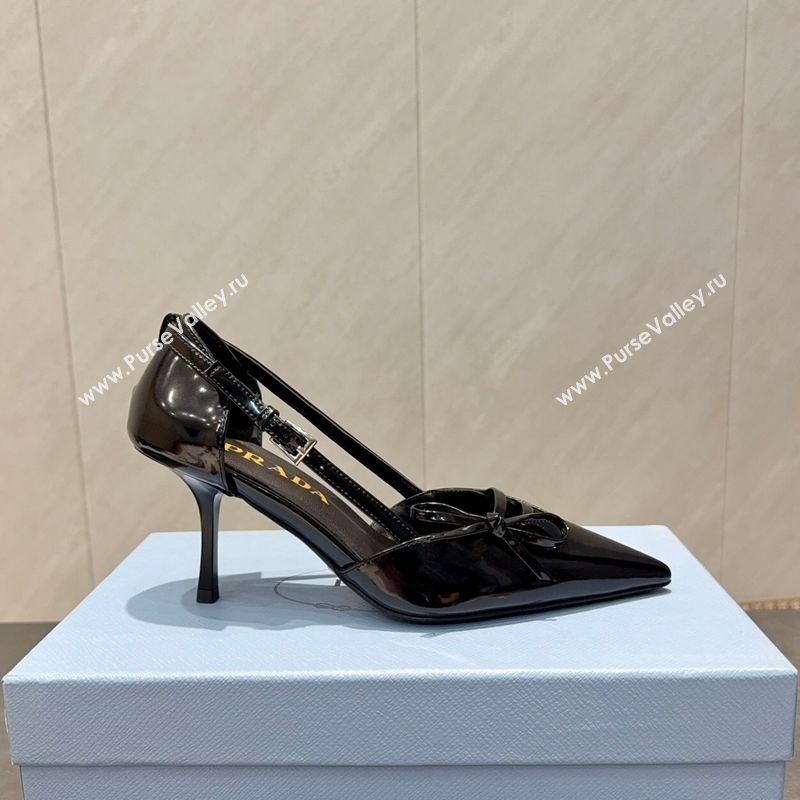 Prada Patent Leather Heel Pumps 7.5cm with Bow Buckle Black 2025 PR120602 (MD-251206014)