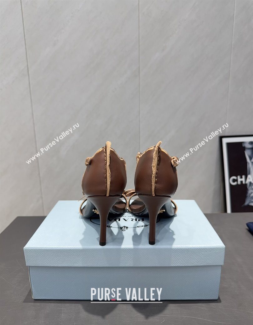 Prada Leather Bow Heel Sandals 8.5cm Brown 2025 1X196O (MD-251205001)