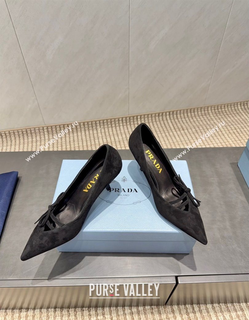 Prada Suede Heel Pumps 7.5cm with Bow Black 2025 PR120603 (MD-251206017)
