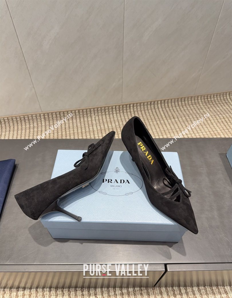 Prada Suede Heel Pumps 7.5cm with Bow Black 2025 PR120603 (MD-251206017)
