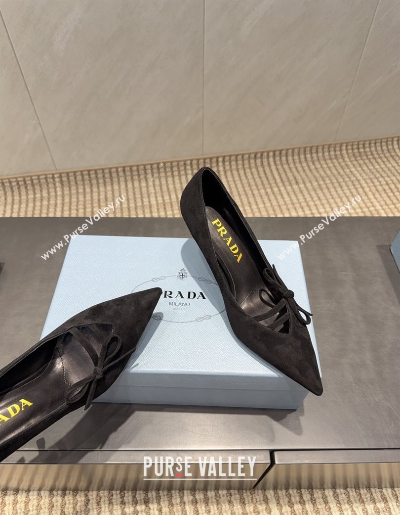 Prada Suede Heel Pumps 7.5cm with Bow Black 2025 PR120603 (MD-251206017)