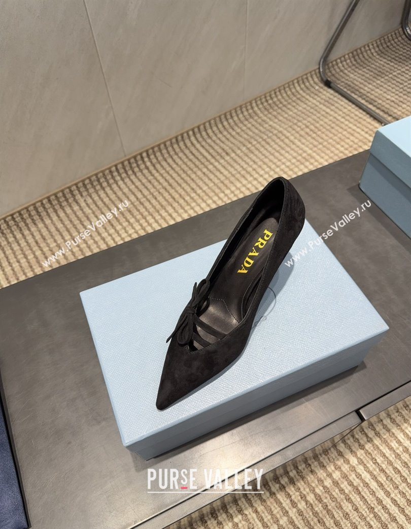 Prada Suede Heel Pumps 7.5cm with Bow Black 2025 PR120603 (MD-251206017)