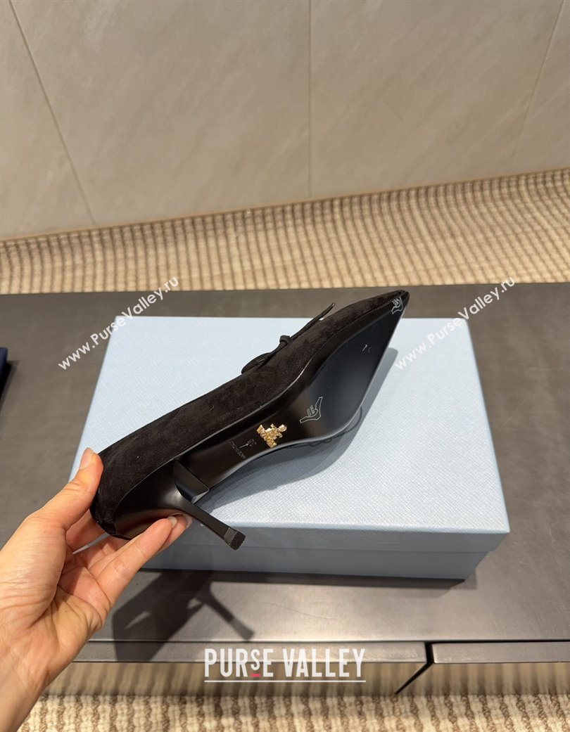 Prada Suede Heel Pumps 7.5cm with Bow Black 2025 PR120603 (MD-251206017)