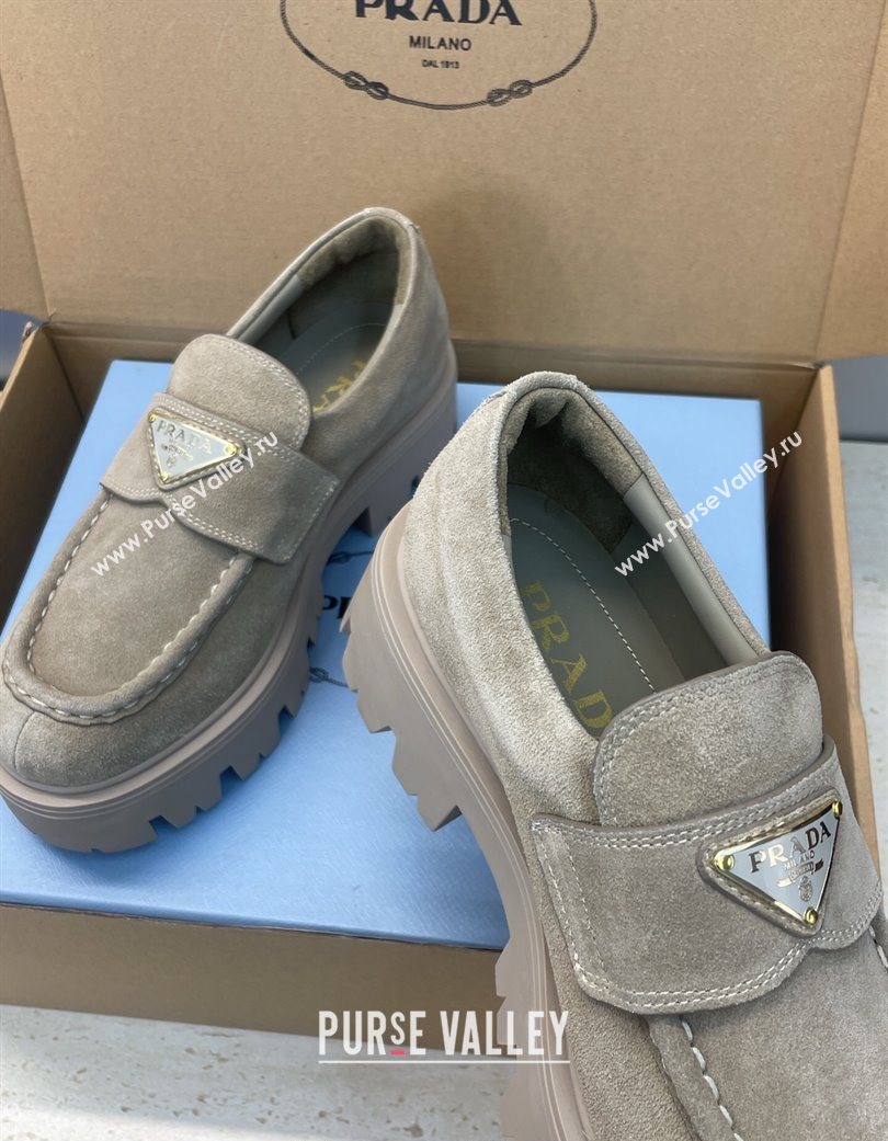 Prada Suede Platform Loafers 4.5cm Grey 2025 PR120604 (JC-251206022)