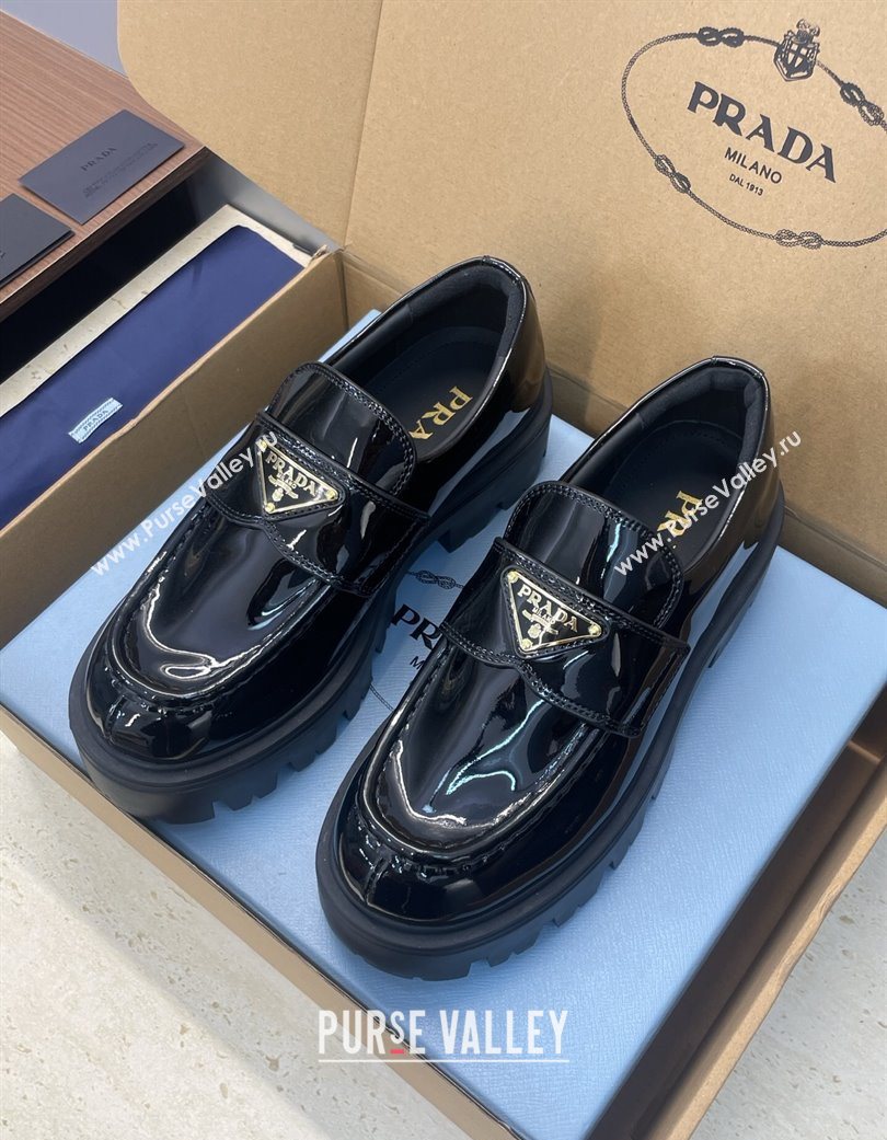 Prada Patent Leather Platform Loafers 4.5cm Black 2025 PR120604 (JC-251206023)