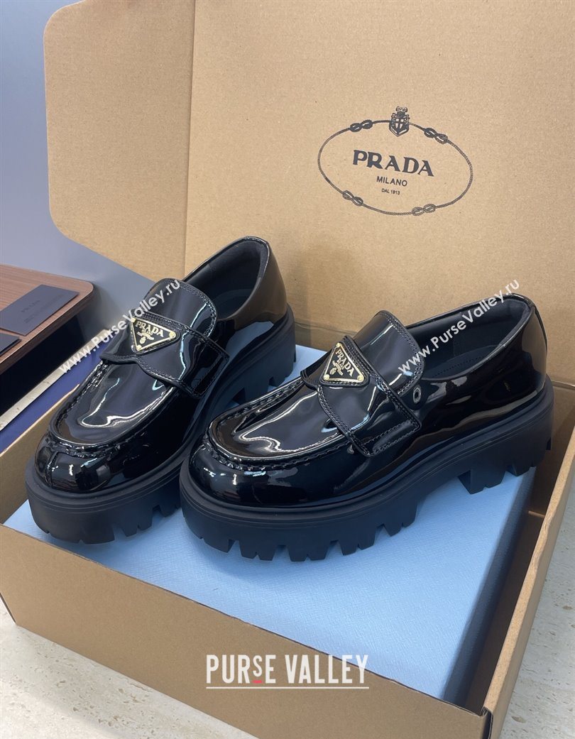 Prada Patent Leather Platform Loafers 4.5cm Black 2025 PR120604 (JC-251206023)
