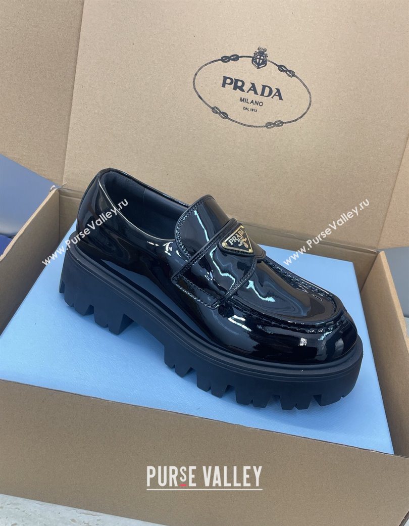 Prada Patent Leather Platform Loafers 4.5cm Black 2025 PR120604 (JC-251206023)
