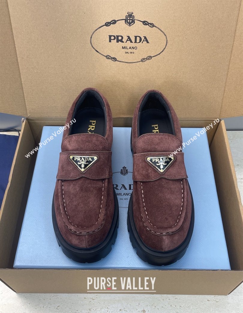 Prada Suede Platform Loafers 4.5cm Dark Brown 2025 PR120604 (JC-251206024)