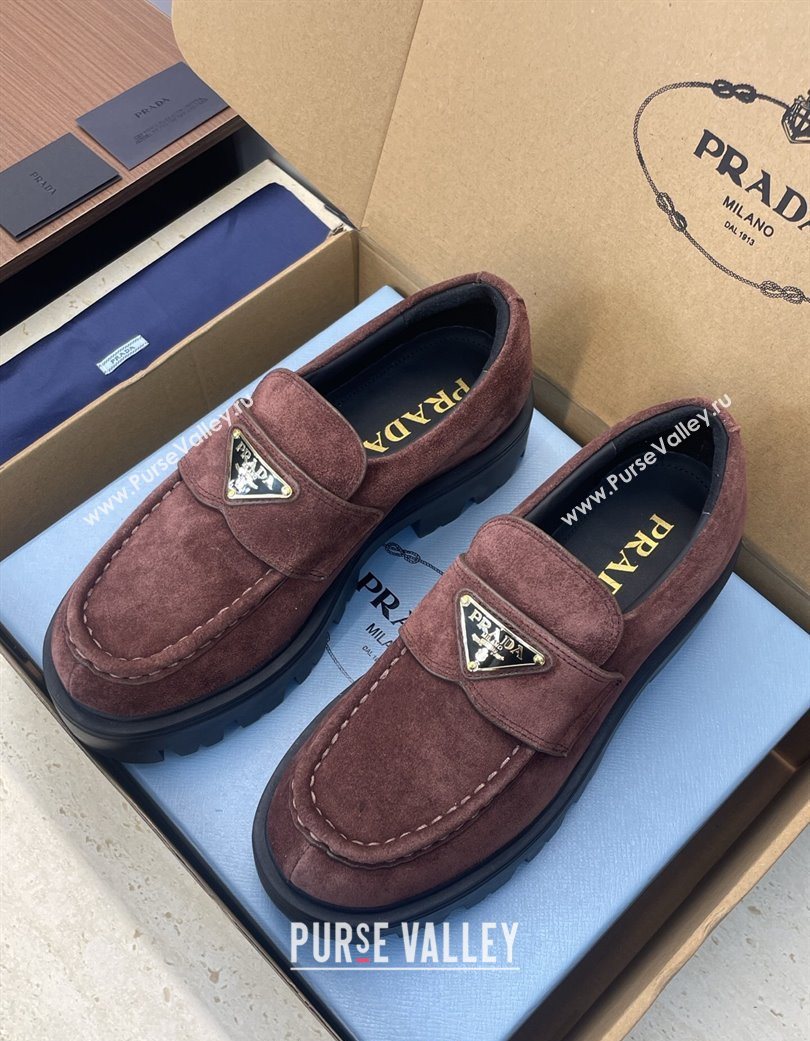 Prada Suede Platform Loafers 4.5cm Dark Brown 2025 PR120604 (JC-251206024)