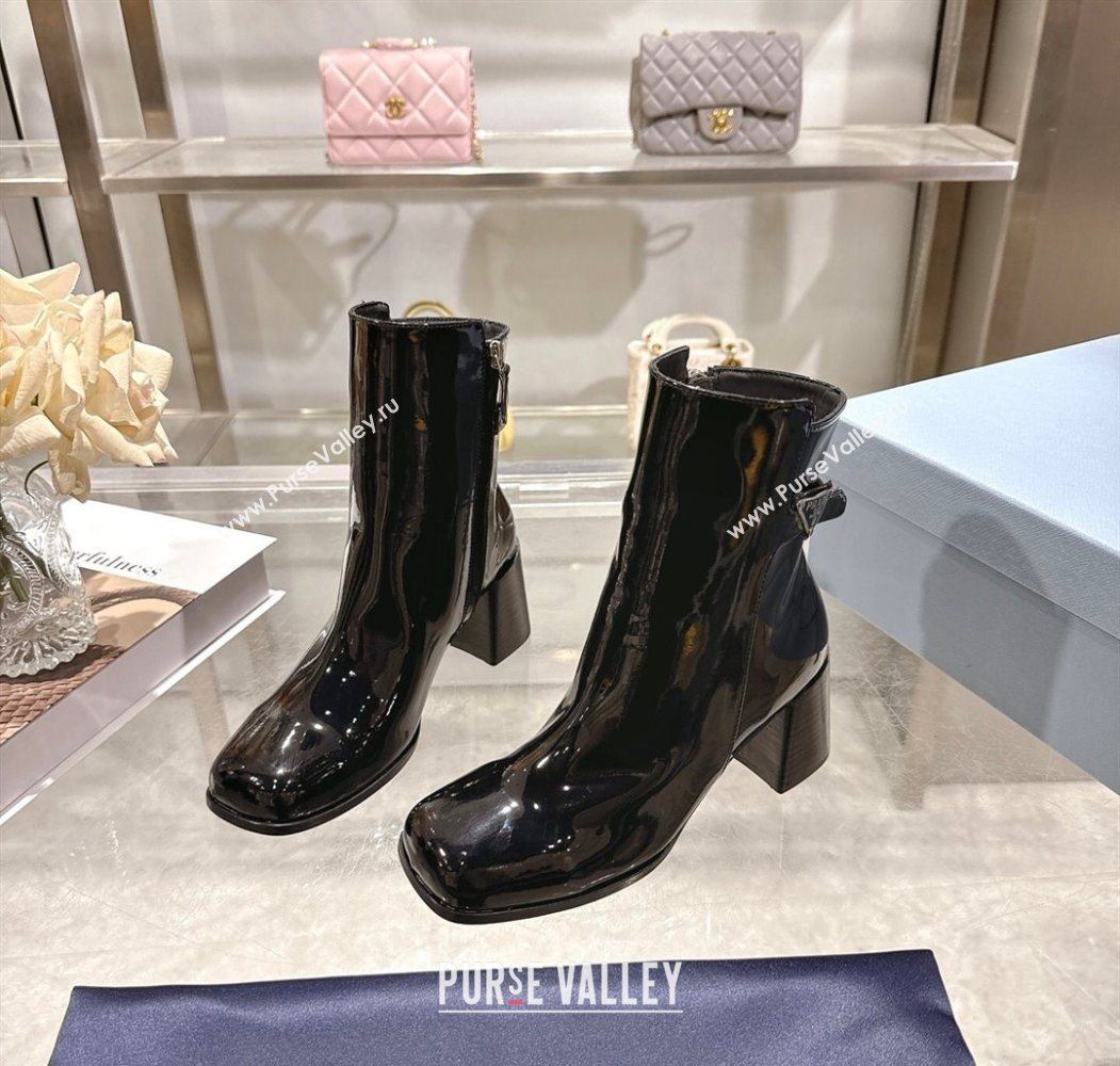 Prada Patent Leather Heel Ankle Boots 6.5cm with Buckle Black 2025 1206 (MD-251206036)