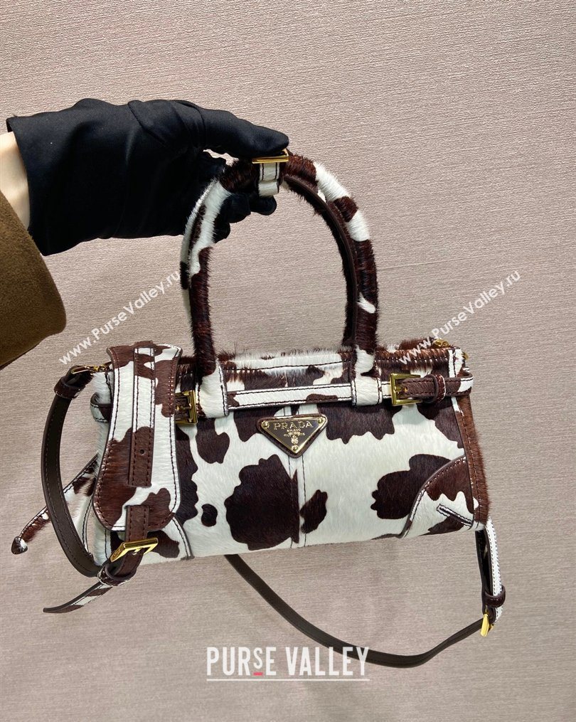 Prada Bonnie mini printed pony hair handbag White/Dark Brown 2026 1BA486 (YZ-260123016)